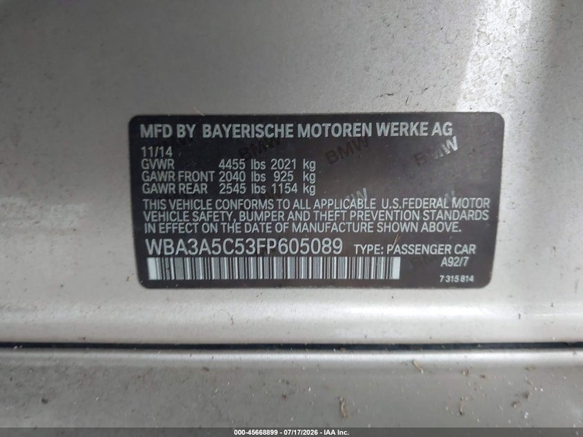 2015 BMW 3er VIN WBA3A5C53FP605089 IAAI salvage auction — NORMAL WEAR, Clear (Florida), sold $475 on 2026-07-28 (photo 9)