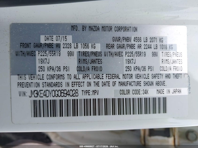 2016 Mazda Cx-5 VIN JM3KE4DY0G0694028 IAAI salvage auction — NORMAL WEAR, Salvage Title, sold $1,150 on 2026-07-27 (photo 9)