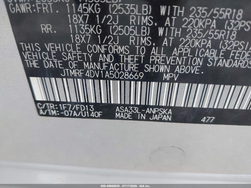 2010 Toyota Rav4 VIN JTMRF4DV1A5028669 IAAI salvage auction — NORMAL WEAR, Clear (North Carolina), sold $550 on 2026-07-24 (photo 9)
