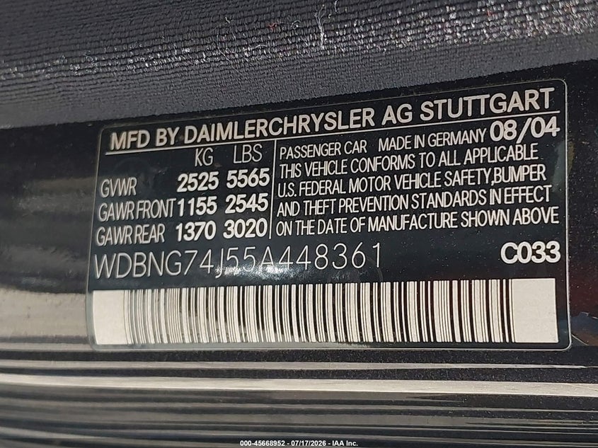 2005 Mercedes-benz S class VIN WDBNG74J55A448361 IAAI salvage auction — NORMAL WEAR, Clear (Florida), sold $1,800 on 2026-07-23 (photo 9)
