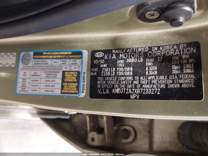 2011 Kia Soul VIN KNDJT2A2XB7233272 IAAI salvage auction — NORMAL WEAR, Clear (North Carolina), sold $500 on 2026-07-30 (photo 9)