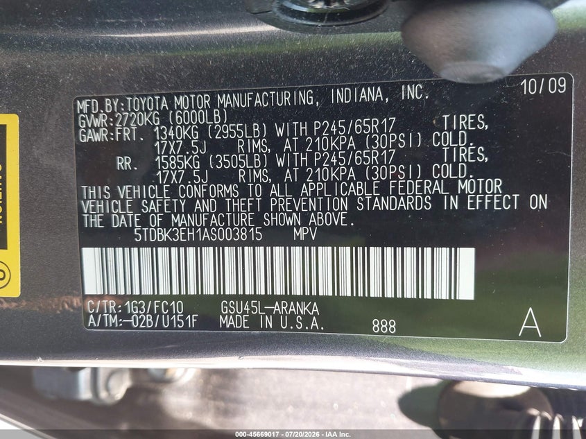 2010 Toyota Highlander VIN 5TDBK3EH1AS003815 IAAI salvage auction — NORMAL WEAR, Original (Maine), sold $2,900 on 2026-08-01 (photo 9)