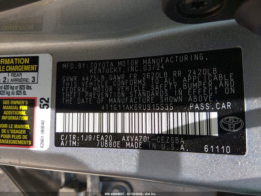2024 Toyota Camry VIN 4T1G11AK6RU915535 IAAI salvage auction — SIDE, Enterprise Vehicles Clear Only (Texas), sold $13,900 on 2026-07-30 (photo 9)