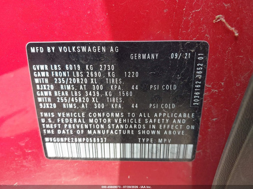 2021 Volkswagen Id.4 VIN WVGUNPE28MP058937 IAAI salvage auction — RIGHT REAR, Salvage (Virginia), sold $9,400 on 2026-08-16 (photo 9)