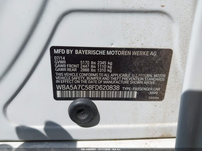 2015 BMW 5er VIN WBA5A7C58FD620838 IAAI salvage auction — NORMAL WEAR, Salvage Title, sold $375 on 2026-07-30 (photo 9)