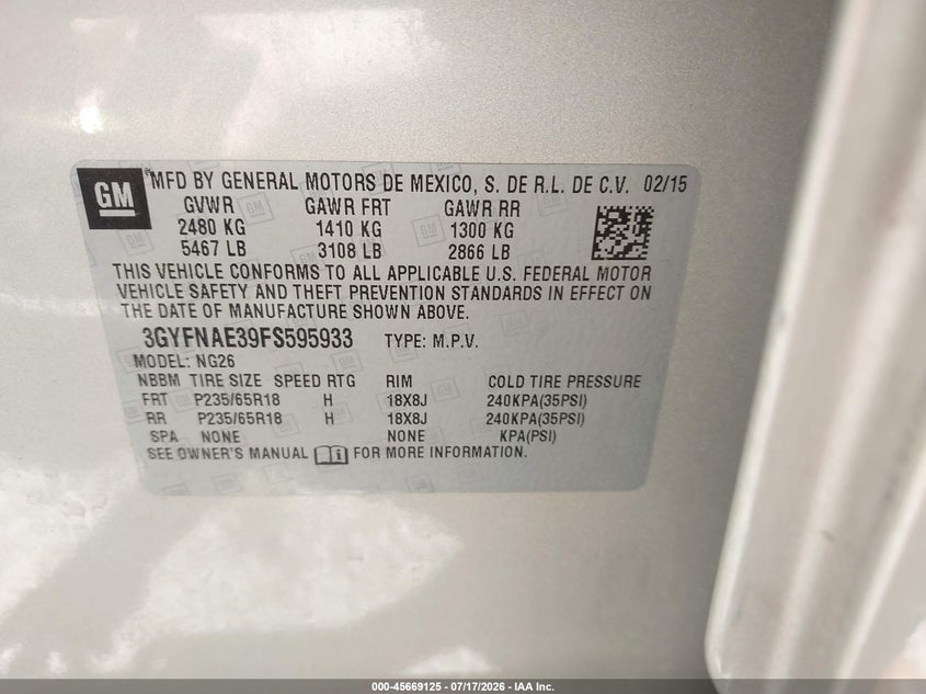 2015 Cadillac Srx VIN 3GYFNAE39FS595933 IAAI salvage auction — FRONT END, Clear (Tennessee), sold $525 on 2026-07-23 (photo 9)