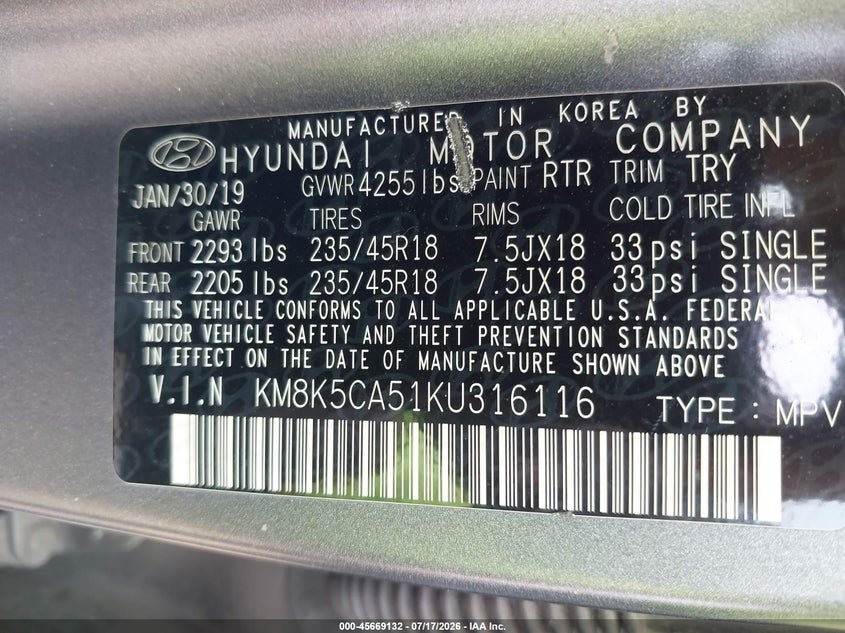 2019 Hyundai Kona VIN KM8K5CA51KU316116 IAAI salvage auction — NORMAL WEAR, Salvage Title, sold $2,500 on 2026-07-24 (photo 9)