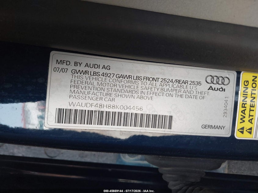 2008 Audi A4 VIN WAUDF48H88K004456 IAAI salvage auction — SIDE, Mv-907A (New York), sold $25 on 2026-07-28 (photo 9)