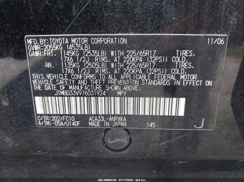 2007 Toyota Rav 4 VIN JTMBD33V976031924 IAAI salvage auction — MECHANICAL, Clear (Tennessee), sold $800 on 2026-07-30 (photo 9)