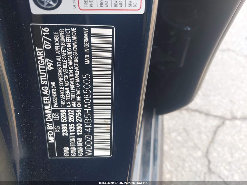 2017 Mercedes-benz E-klasse VIN WDDZF4KB5HA085005 IAAI salvage auction — ALL OVER, Wait Title, sold $7,400 on 2026-08-15 (photo 9)