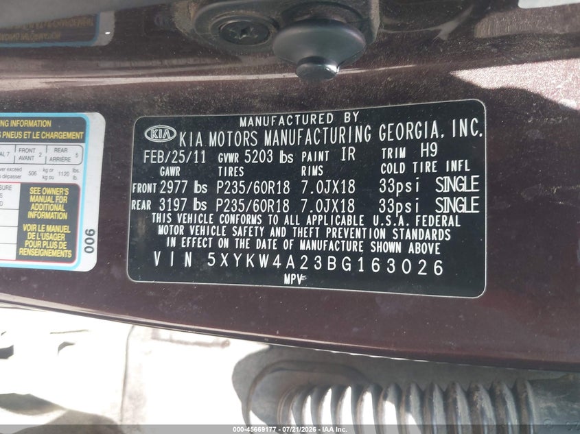 2011 Kia Sorento VIN 5XYKW4A23BG163026 IAAI salvage auction — NORMAL WEAR, App For Dup Clear (California), sold $25 on 2026-07-28 (photo 9)