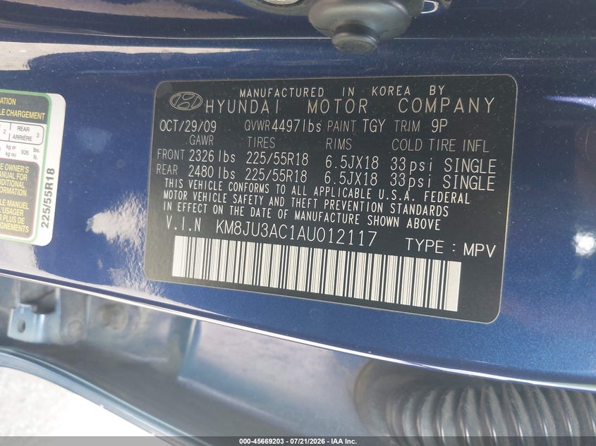 2010 Hyundai Tucson VIN KM8JU3AC1AU012117 IAAI salvage auction — NORMAL WEAR, Clear - Dealer Only (California), sold $525 on 2026-07-28 (photo 9)