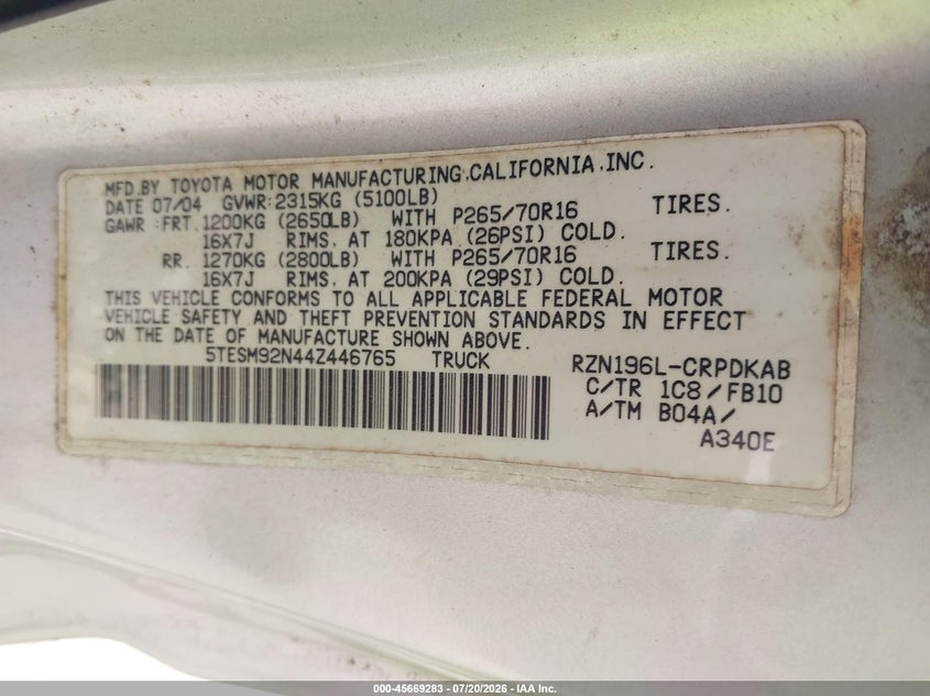 2004 Toyota Tacoma VIN 5TESM92N44Z446765 IAAI salvage auction — NORMAL WEAR, Clear (Massachusetts), sold $1,300 on 2026-07-31 (photo 9)