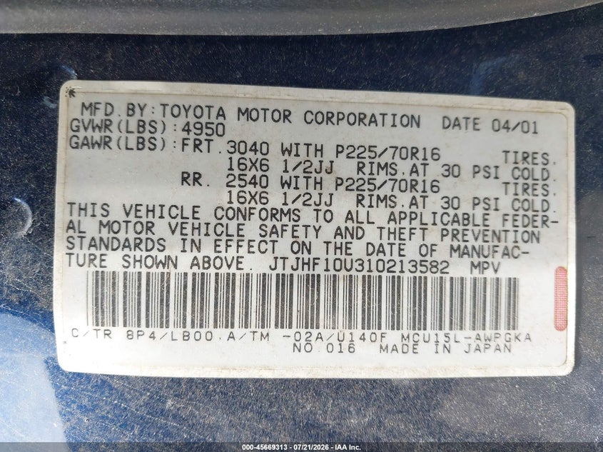 2001 Lexus Rx 300 VIN JTJHF10U310213582 IAAI salvage auction — NORMAL WEAR, Clear (New Jersey), sold $25 on 2026-07-28 (photo 9)