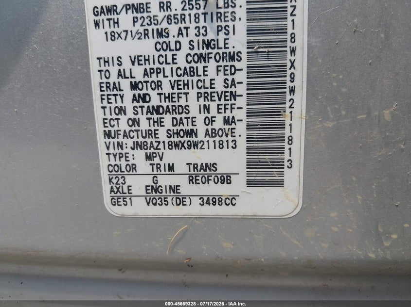 2009 Nissan Murano VIN JN8AZ18WX9W211813 IAAI salvage auction — NORMAL WEAR, Clear (Virginia), sold $25 on 2026-07-28 (photo 9)
