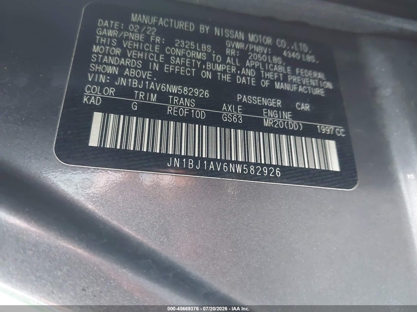 2022 Nissan Rogue VIN JN1BJ1AV6NW582926 IAAI salvage auction — FRONT END, Salvage (North Carolina), sold $2,000 on 2026-08-27 (photo 9)
