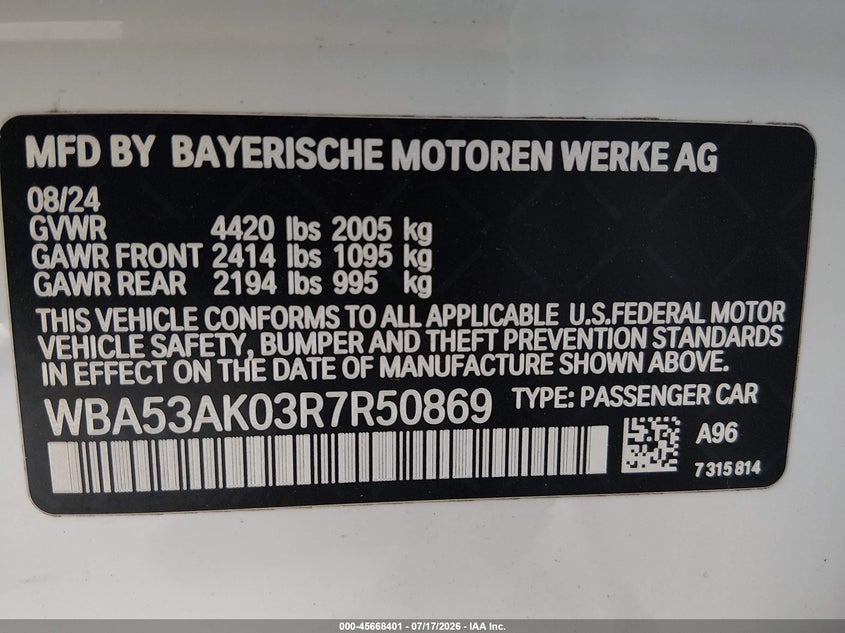 2024 BMW 2er VIN WBA53AK03R7R50869 IAAI salvage auction — REAR END, Salvage Title, sold $9,675 on 2026-08-19 (photo 9)
