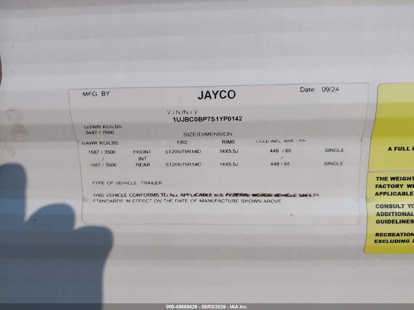 2025 Jayco Jay flight VIN 1UJBC0BP7S1YP0142 IAAI salvage auction — HAIL, Wait Title, sold $5,700 on 2026-10-08 (photo 9)