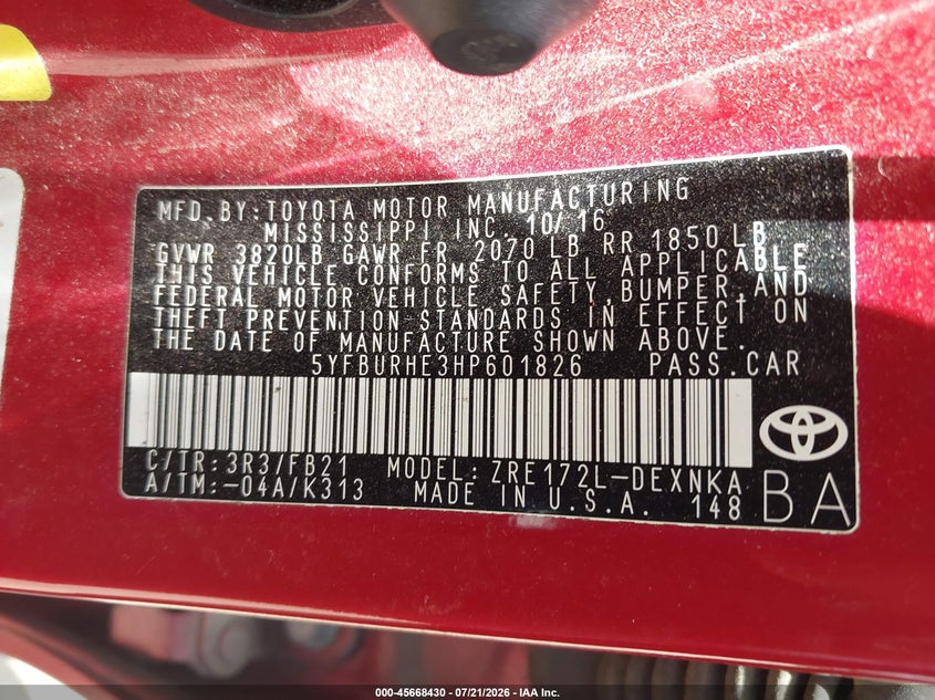 2017 Toyota Corolla VIN 5YFBURHE3HP601826 IAAI salvage auction — NORMAL WEAR, Original (Texas), sold $5,500 on 2026-07-23 (photo 9)