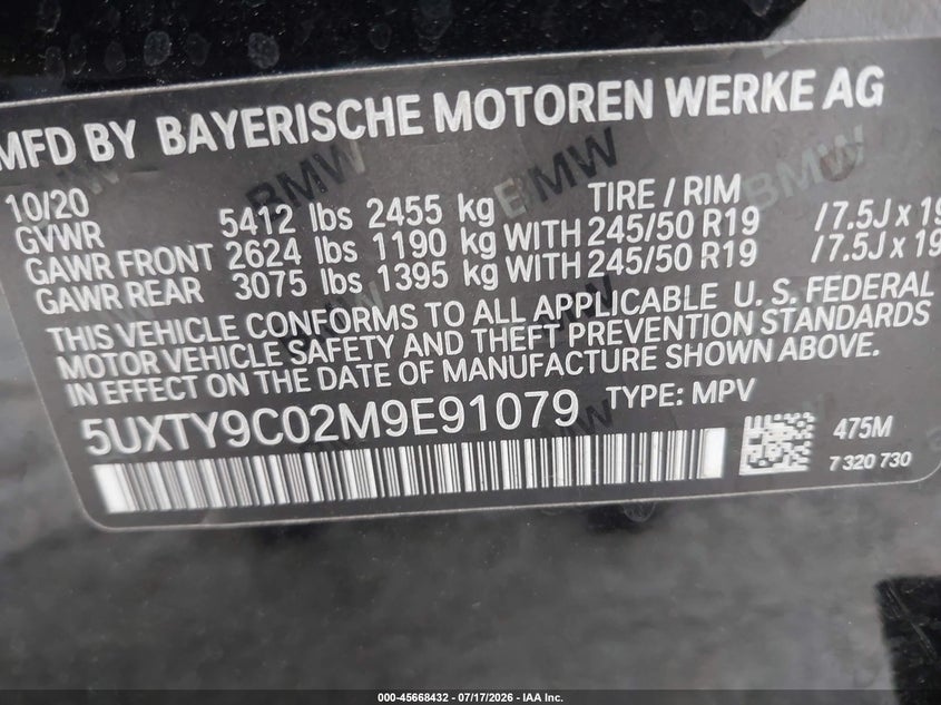 2021 BMW X3 VIN 5UXTY9C02M9E91079 IAAI salvage auction — REAR END, Rebuildable (Florida), sold $16,800 on 2026-08-01 (photo 9)