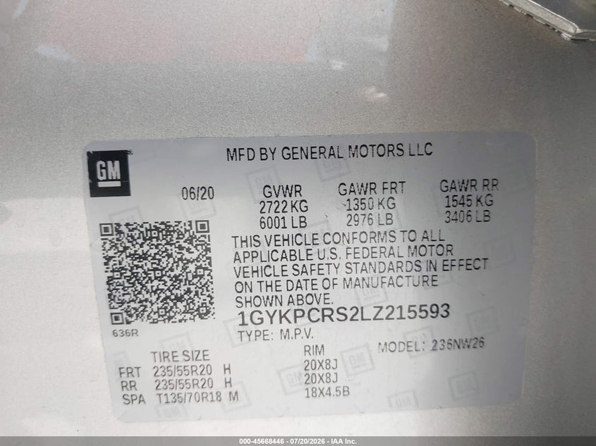 2020 Cadillac Xt6 VIN 1GYKPCRS2LZ215593 IAAI salvage auction — FRONT & REAR, Salvage Title, sold $7,250 on 2026-08-19 (photo 9)