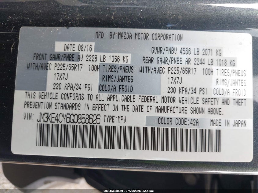 2016 Mazda Cx-5 VIN JM3KE4CY6G0858626 IAAI salvage auction — SIDE, Wait Title, sold $3,100 on 2026-08-01 (photo 9)