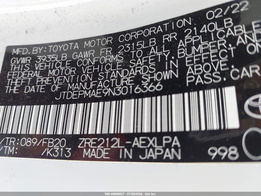 2022 Toyota Corolla VIN JTDEPMAE9N3016366 IAAI salvage auction — REAR END, Salvage Title, sold $5,600 on 2026-07-28 (photo 9)
