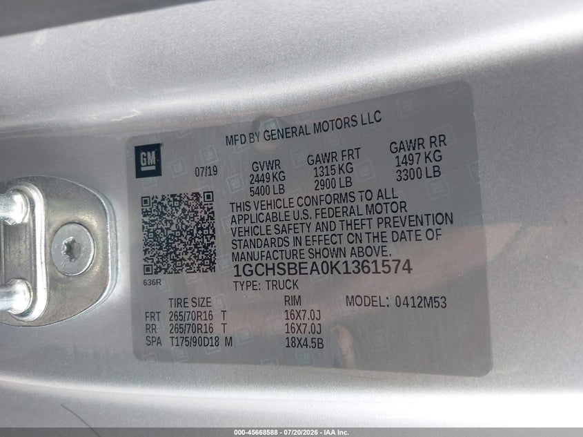 2019 Chevrolet Colorado VIN 1GCHSBEA0K1361574 IAAI salvage auction — SIDE, Salvage Title, sold $3,700 on 2026-08-30 (photo 9)