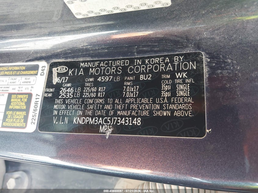 2018 Kia Sportage VIN KNDPM3AC5J7343148 IAAI salvage auction — NORMAL WEAR, Original (Texas), sold $25 on 2026-07-28 (photo 9)