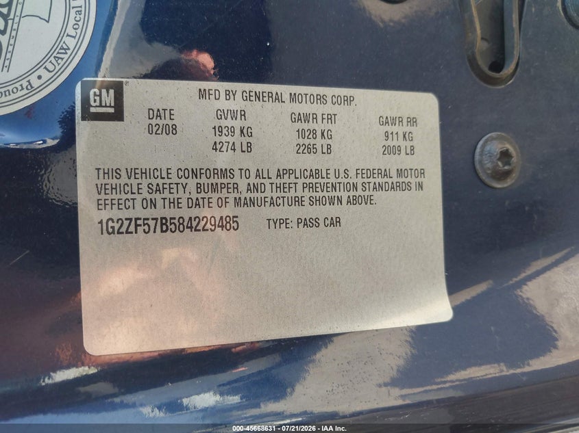 2008 Pontiac G6 VIN 1G2ZF57B584229485 IAAI salvage auction — LEFT REAR, Salvage (Missouri), sold $125 on 2026-08-20 (photo 9)