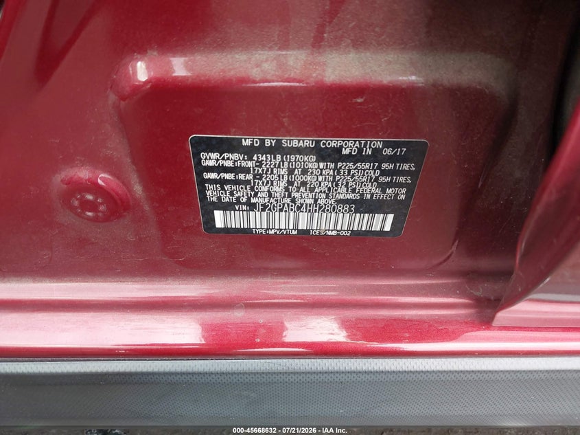 2017 Subaru Xv VIN JF2GPABC4HH280883 IAAI salvage auction — SIDE, Salvage Title, sold $2,250 on 2026-07-31 (photo 9)
