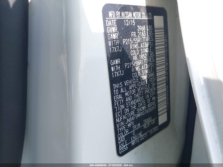 2016 Nissan Juke VIN JN8AF5MRXGT605097 IAAI salvage auction — FRONT END, Salvage Certificate (California), sold $25 on 2026-07-29 (photo 9)