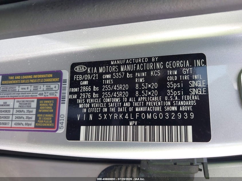 2021 Kia Sorento VIN 5XYRK4LF0MG032939 IAAI salvage auction — FRONT END, Salvage Title, sold $5,700 on 2026-08-26 (photo 9)