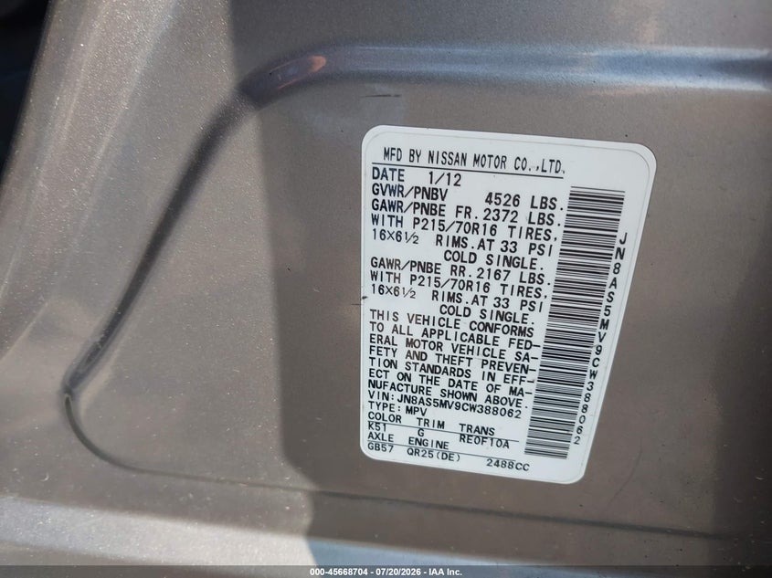 2012 Nissan Rogue VIN JN8AS5MV9CW388062 IAAI salvage auction — FRONT END, Wait Title, sold $400 on 2026-08-02 (photo 9)