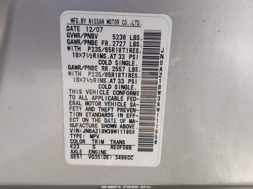 2009 Nissan Murano VIN JN8AZ18W39W111956 IAAI salvage auction — NORMAL WEAR, Clear (New Jersey), sold $625 on 2026-07-30 (photo 9)