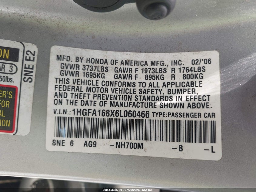2006 Honda Civic VIN 1HGFA168X6L060466 IAAI salvage auction — NORMAL WEAR, Clear (Pennsylvania), sold $225 on 2026-07-23 (photo 9)