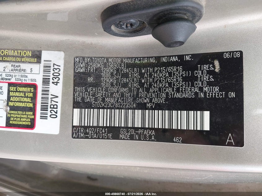 2008 Toyota Sienna VIN 5TDZK23C78S223504 IAAI salvage auction — NORMAL WEAR, Original (Maine), sold $25 on 2026-07-27 (photo 9)
