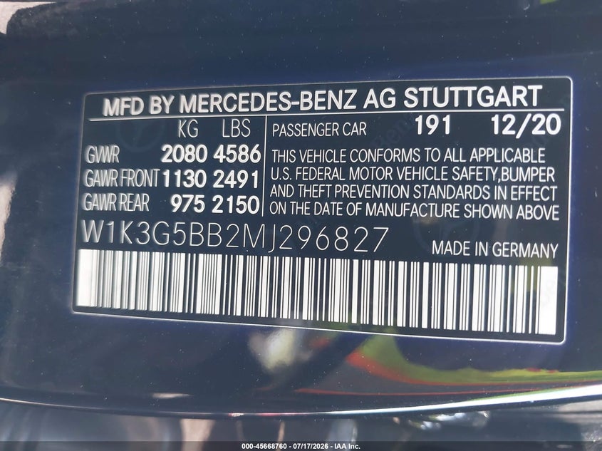 2021 Mercedes-benz VIN W1K3G5BB2MJ296827 IAAI salvage auction — NORMAL WEAR, Salvage Title, sold $12,175 on 2026-07-29 (photo 9)