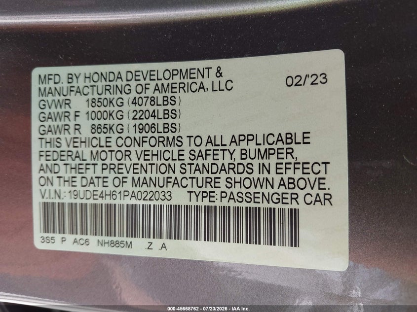 2023 Acura Integra VIN 19UDE4H61PA022033 IAAI salvage auction — RIGHT SIDE, Salvage (Pennsylvania), sold $7,850 on 2026-08-28 (photo 9)