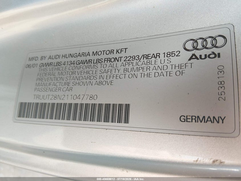 2001 Audi Tt VIN TRUUT28N211047780 IAAI salvage auction — NORMAL WEAR, Clear (Mississippi), sold $25 on 2026-07-29 (photo 9)