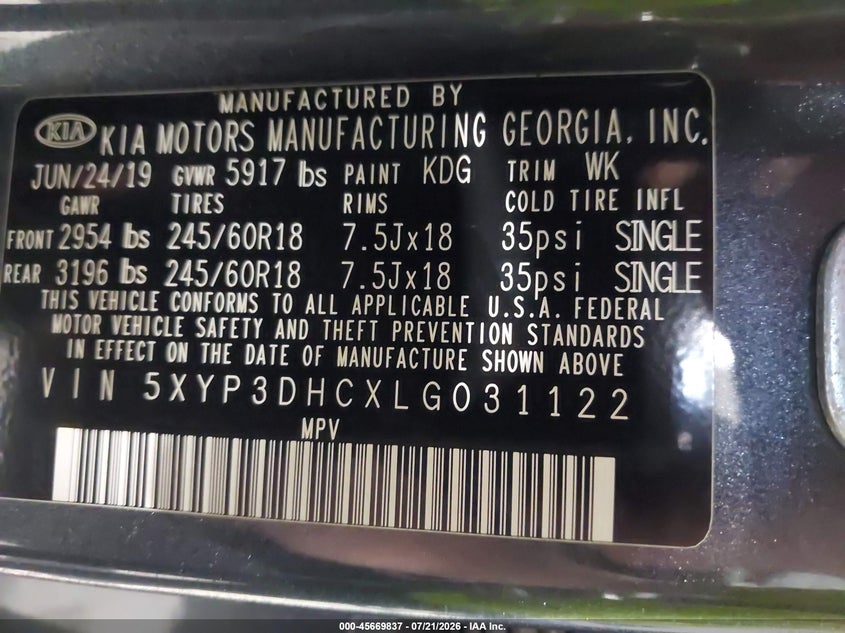 2020 Kia Telluride VIN 5XYP3DHCXLG031122 IAAI salvage auction — REAR END, Wait Title, sold $4,100 on 2026-08-22 (photo 9)