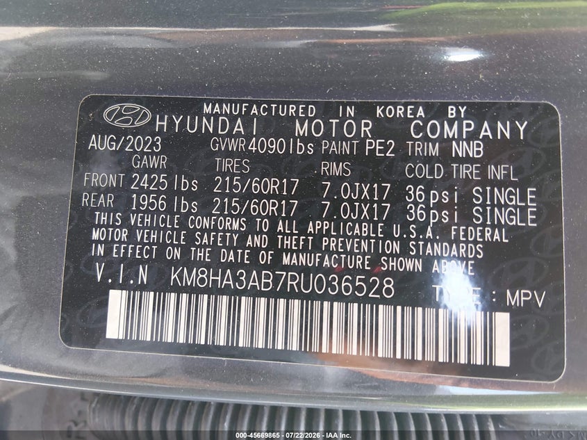 2024 Hyundai Kona VIN KM8HA3AB7RU036528 IAAI salvage auction — RIGHT FRONT, Wait Title, sold $1,600 on 2026-09-14 (photo 9)