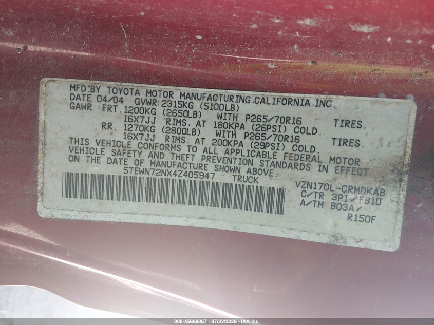2004 Toyota Tacoma VIN 5TEWN72NX4Z405947 IAAI salvage auction — ALL OVER, Original (Vermont), sold $25 on 2026-07-30 (photo 8)