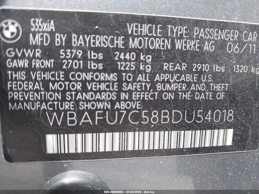 2011 BMW 5 series VIN WBAFU7C58BDU54018 IAAI salvage auction — FRONT END, Salvage (North Carolina), sold $2,700 on 2026-08-02 (photo 9)