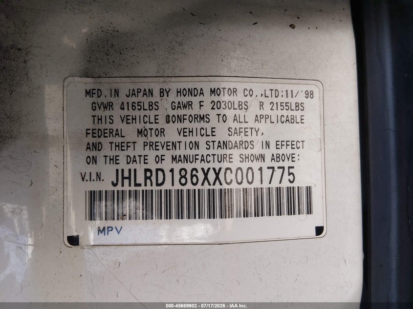 1999 Honda Cr-v VIN JHLRD186XXC001775 IAAI salvage auction — NORMAL WEAR, Clear - Dealer Only (California), sold $25 on 2026-07-29 (photo 9)