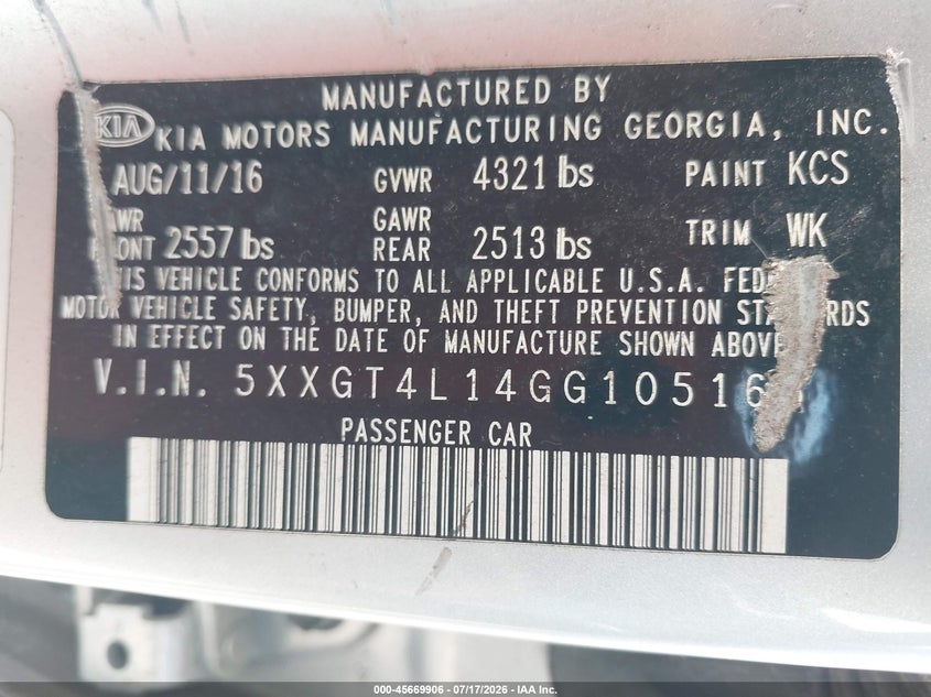 2016 Kia Optima VIN 5XXGT4L14GG105165 IAAI salvage auction — NORMAL WEAR, Salvage Title, sold $250 on 2026-07-29 (photo 9)