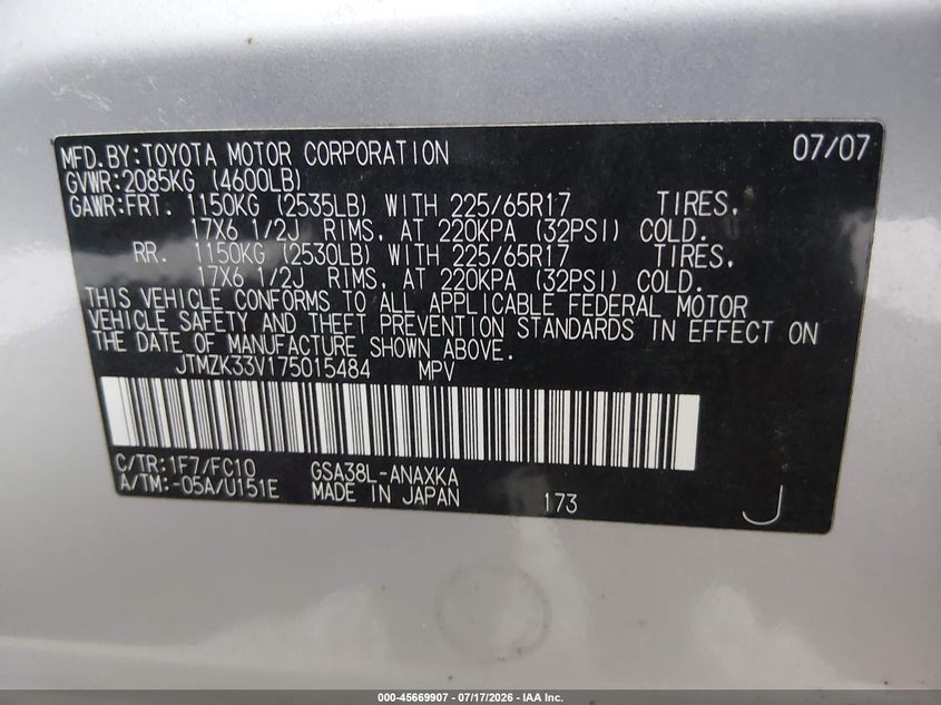 2007 Toyota Rav4 VIN JTMZK33V175015484 IAAI salvage auction — NORMAL WEAR, Clear (Illinois), sold $475 on 2026-07-28 (photo 9)