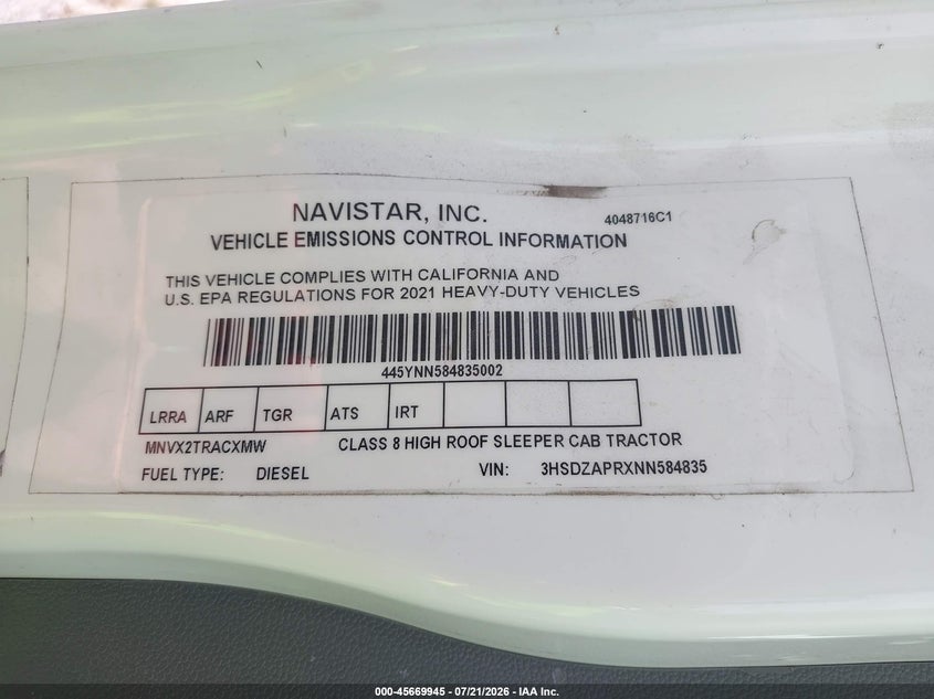 2022 International VIN 3HSDZAPRXNN584835 IAAI salvage auction — MECHANICAL, Clear (Oklahoma), sold $27,250 on 2026-08-05 (photo 4)
