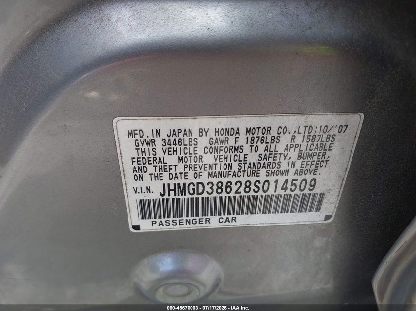2008 Honda Fit VIN JHMGD38628S014509 IAAI salvage auction — NORMAL WEAR, Clear (Georgia), sold $1,100 on 2026-08-01 (photo 9)