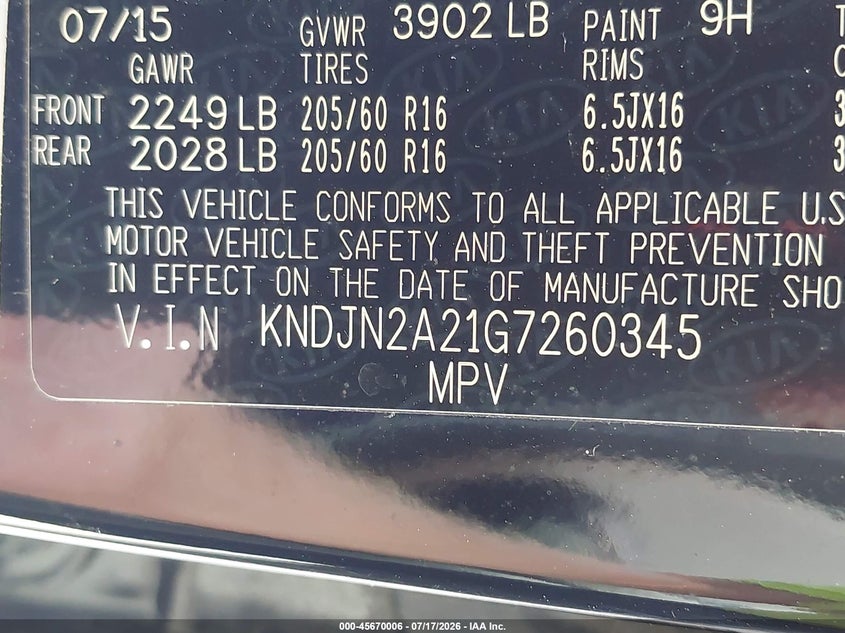 2016 Kia Soul VIN KNDJN2A21G7260345 IAAI salvage auction — NORMAL WEAR, Salvage Title, sold $1,400 on 2026-07-30 (photo 9)